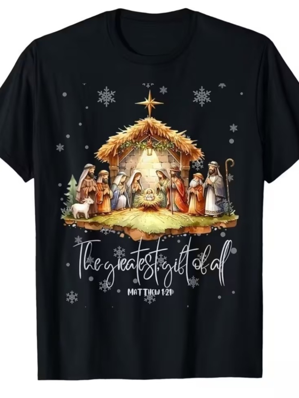 Christmas Nativity Scene T-Shirt-The Greatest Gift of All-Matthew 1:21-Black-4XL